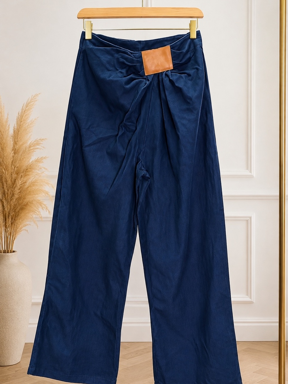 Commense Navy Wide-Leg Pants with Tan Accent Knot